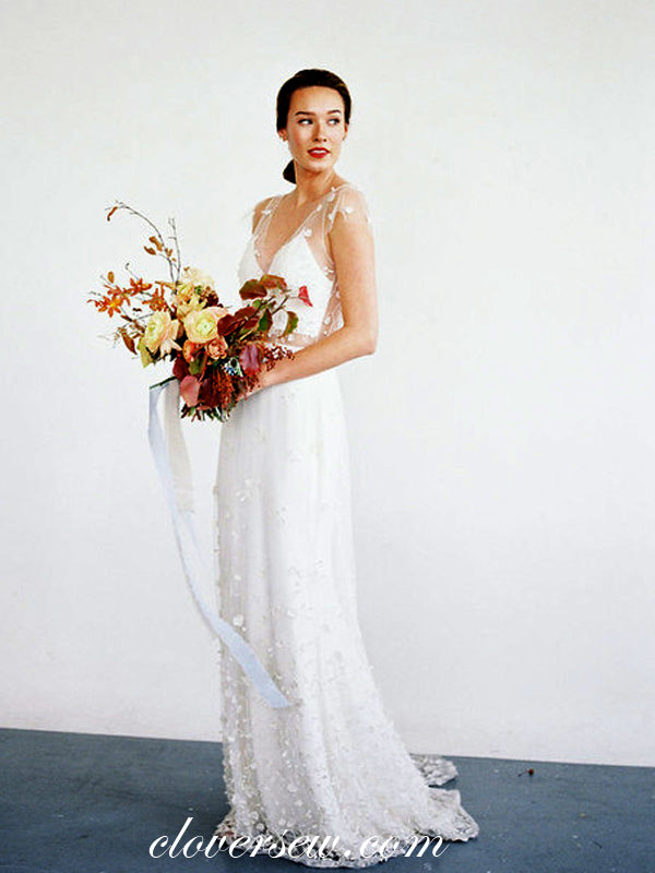 3D Lace Illusion Neckline Column Wedding Dresses, CW0060