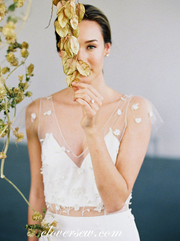 3D Lace Illusion Neckline Column Wedding Dresses, CW0060