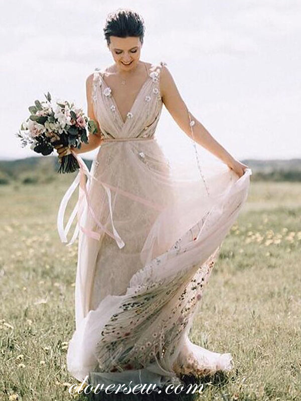 3d Applique Embroidery Tulle Boho A-line Wedding Dresses,CW0118