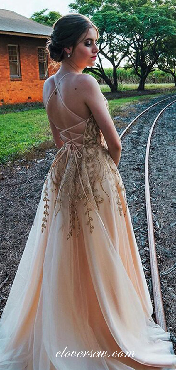 Bead Applique Spagehtti Strap Lace Up Back A-line Prom Dresses, CP0462