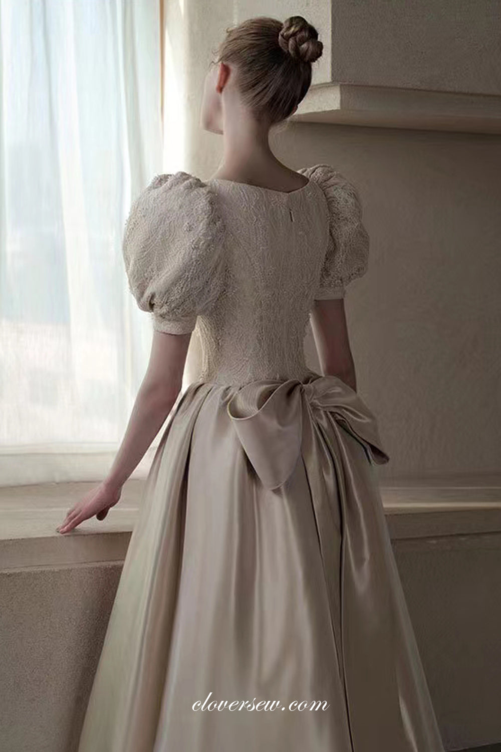 Beaded Lace Satin Short Sleeves Ivory Elegant Wedding Dresses, CW0325