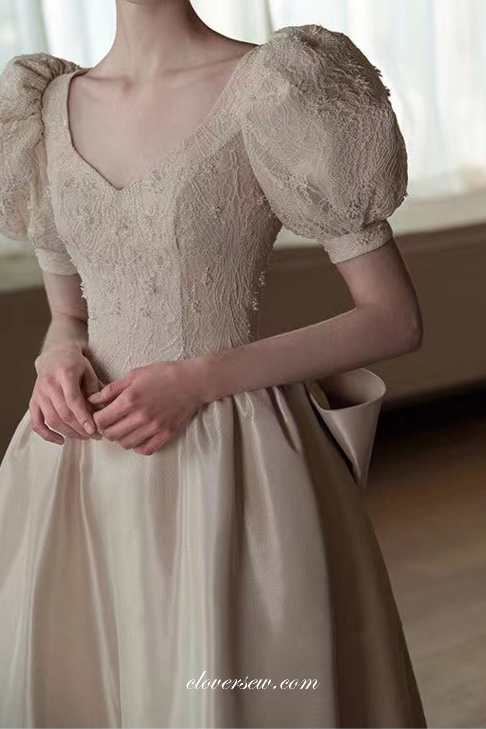 Beaded Lace Satin Short Sleeves Ivory Elegant Wedding Dresses, CW0325