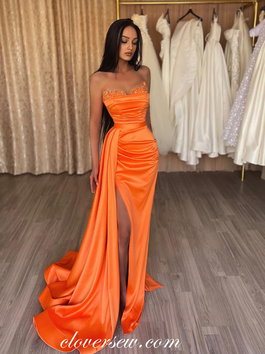 Beaded Neckline Strapless Orange Satin Sheath With Side Slit Prom Dresses, CP0927