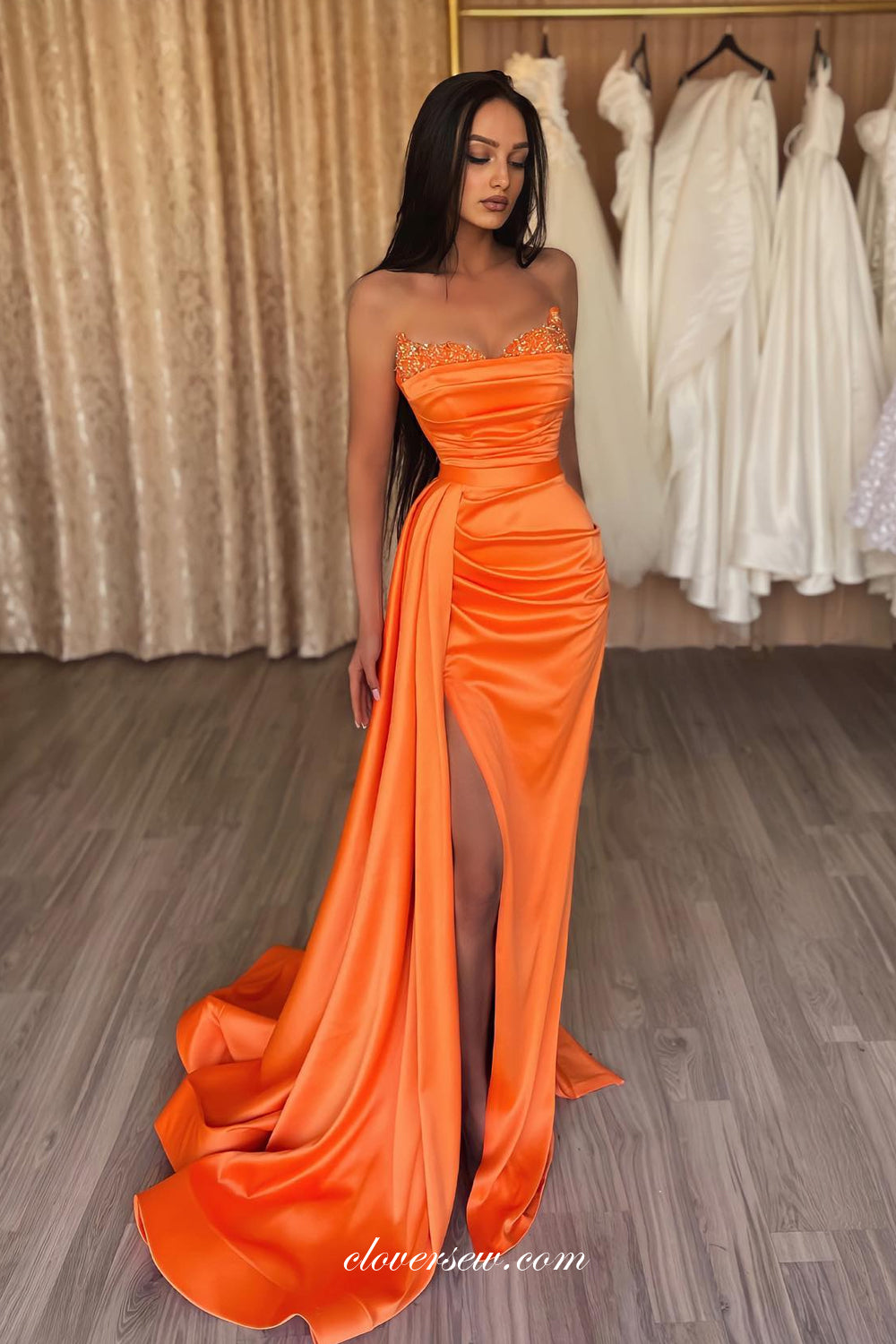Beaded Neckline Strapless Orange Satin Sheath With Side Slit Prom Dresses, CP0927