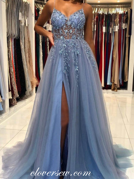 Beading V-neck Dusty Blue Tulle Side Slit Fashion Prom Dresses, CP0875