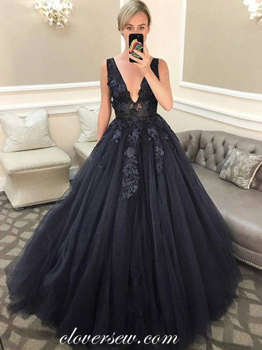 Black Applique Sleeveless V-neck A-line Prom Dresses, CP0534