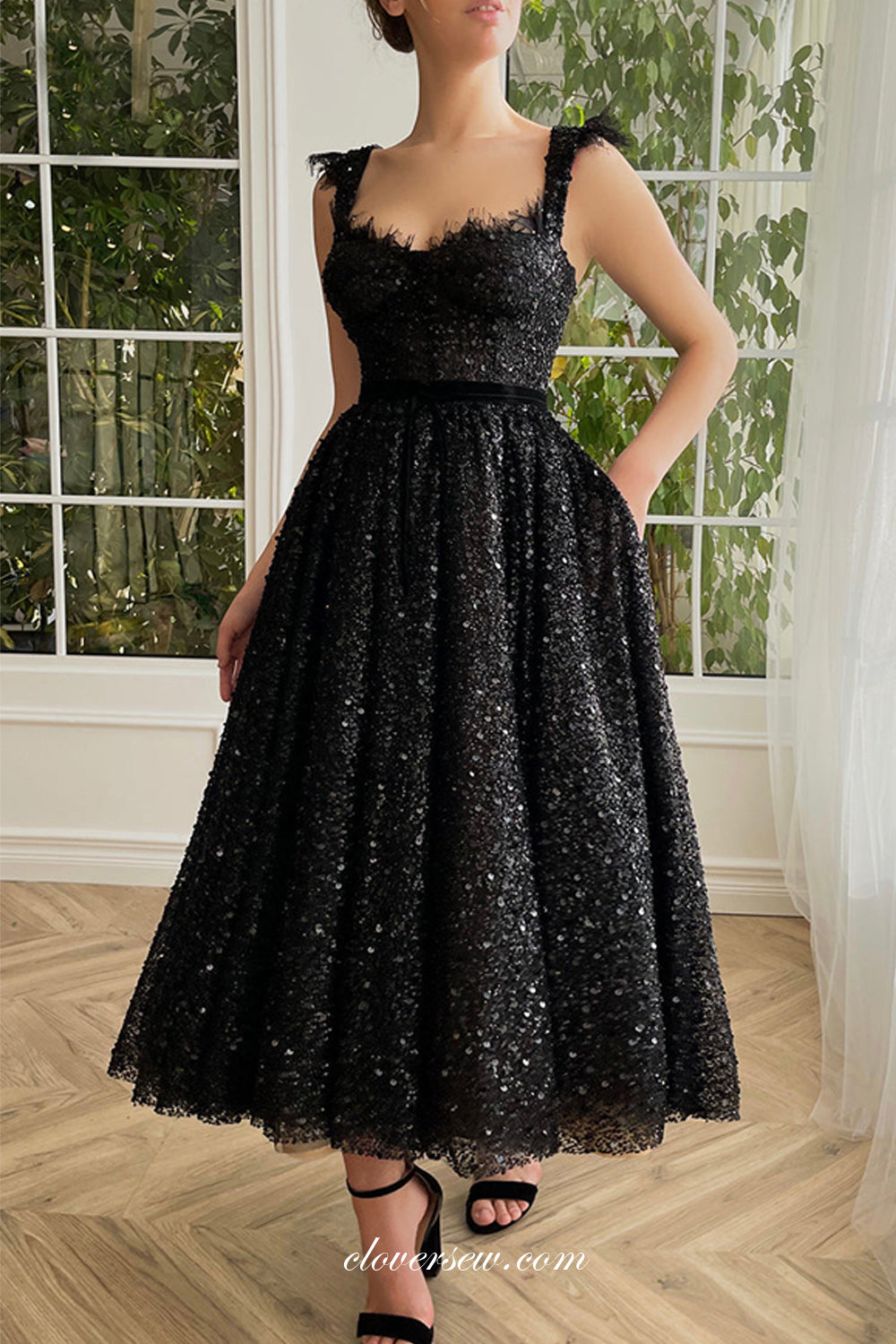 Black Beaded Sequin Lace Sleeveless A-line Ankle Length Prom Dresses,CP0924
