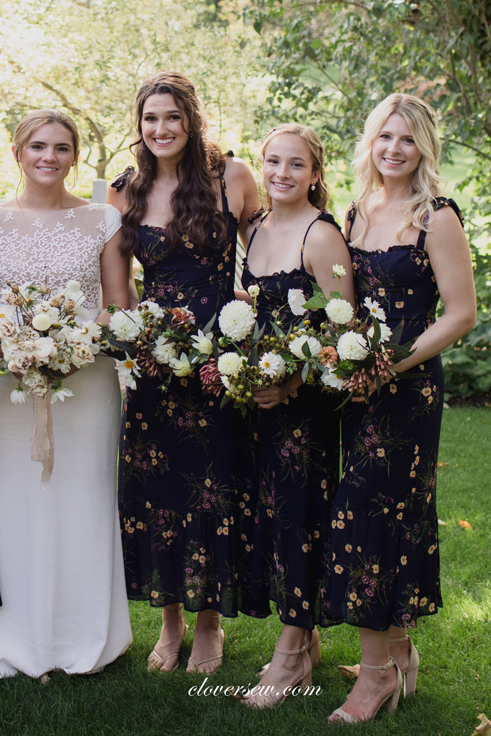 Black Floral Chiffon Sleeveless Column Tea Length Bridesmaid Dresses, CB0287