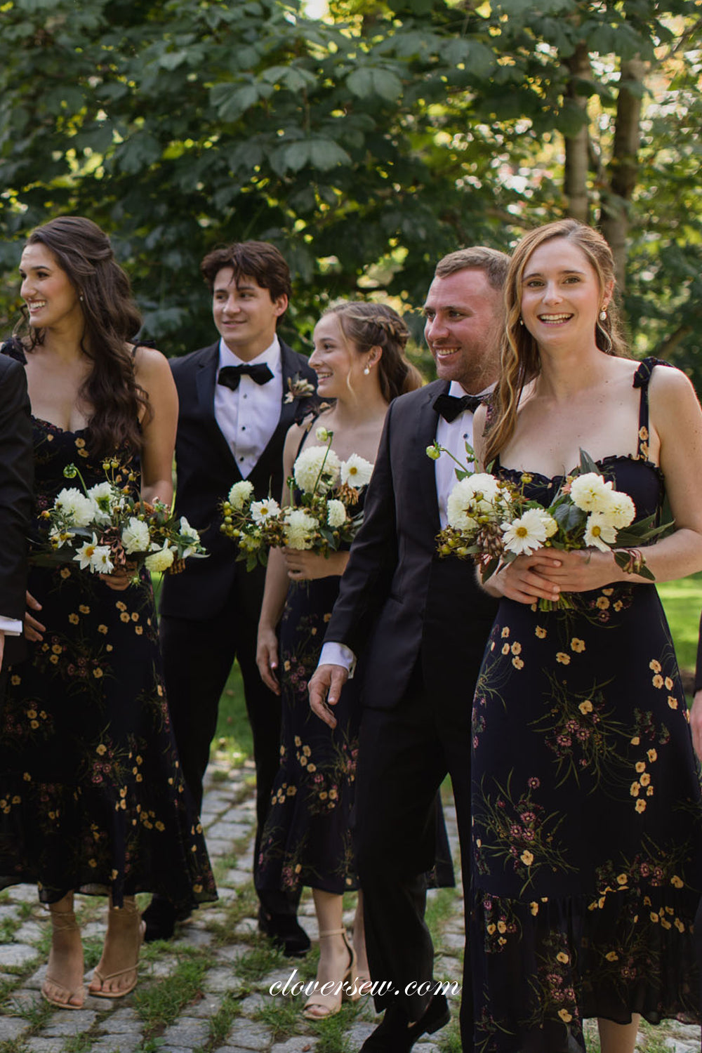 Black Floral Chiffon Sleeveless Column Tea Length Bridesmaid Dresses, CB0287