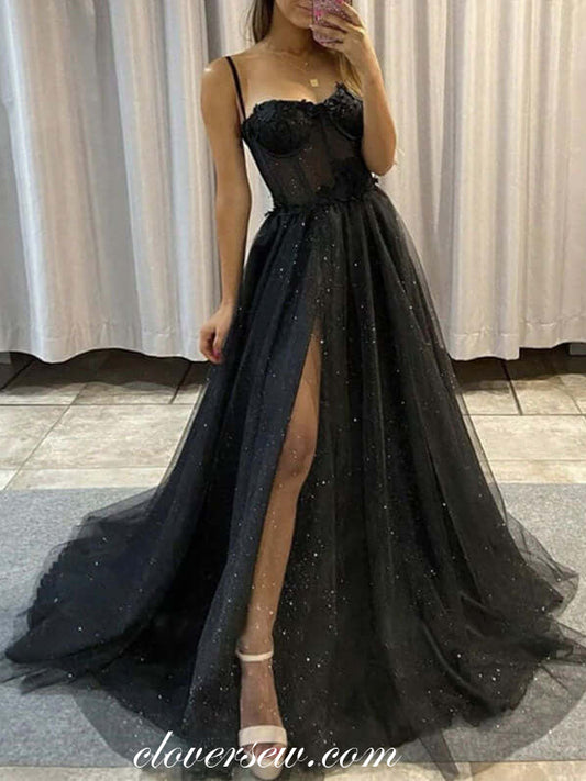 Black Glitter Tulle Applique Sparkly Prom Dresses, CP0814