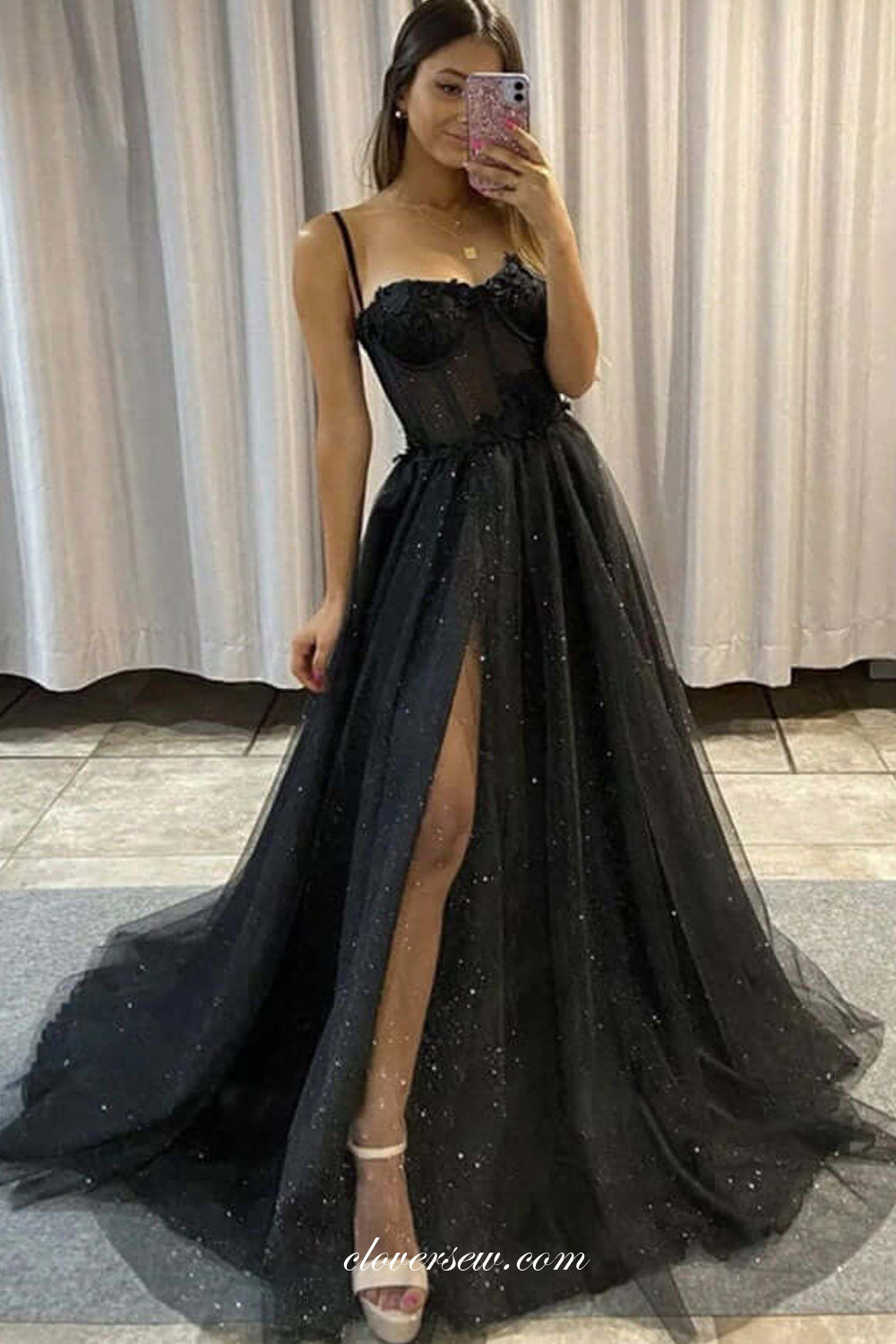 Black Glitter Tulle Applique Sparkly Prom Dresses, CP0814