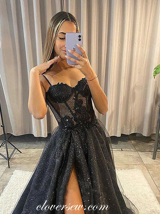 Black Glitter Tulle Sweetheart A-line High Slit Prom Dresses, CP0900