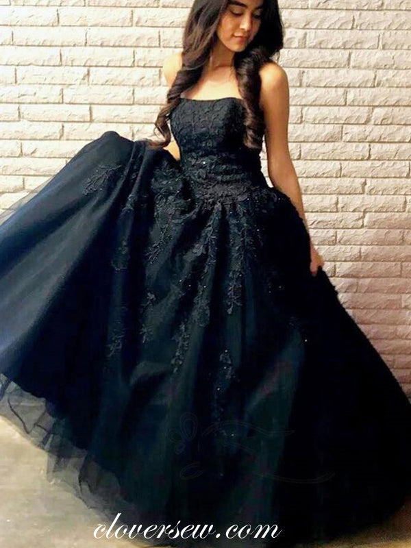 Black Lace Applique Strapless A-line Fashion Prom Dresses, CP0586