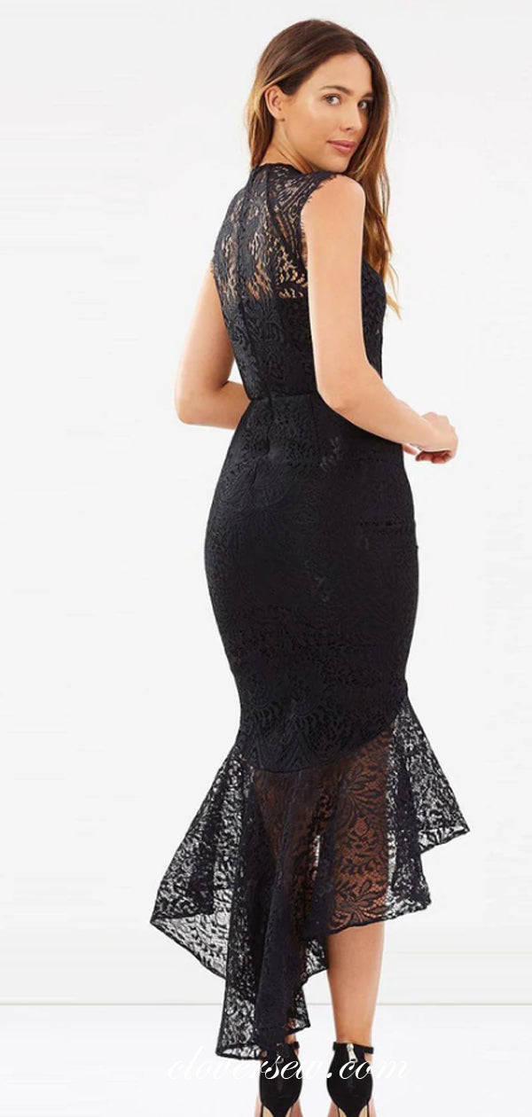 Black Lace Cap Sleeves Mermaid Ankle Length Bridesmaid Dresses,CB0148
