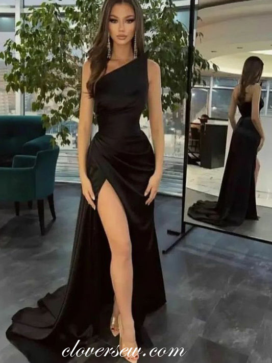 Black One Shoulder Pleating High Slit Column Prom Dresses, CP0867