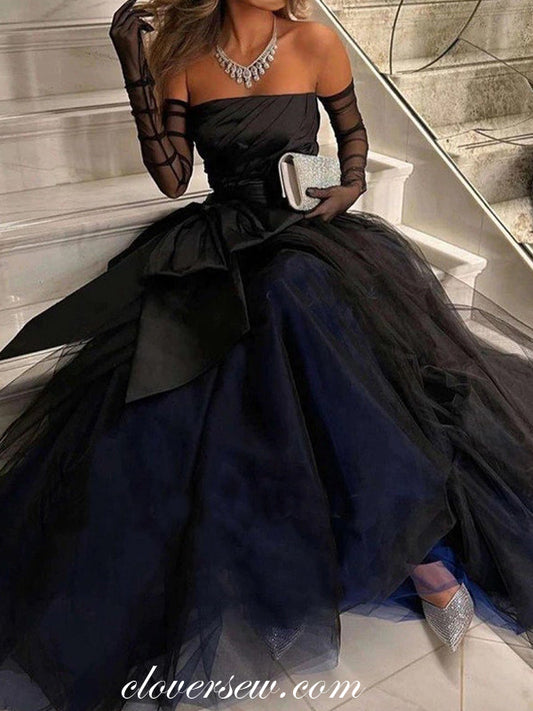 Black Pleating Tulle Strapless With Bowknot A-line Vintage Formal Dresses, CP1006