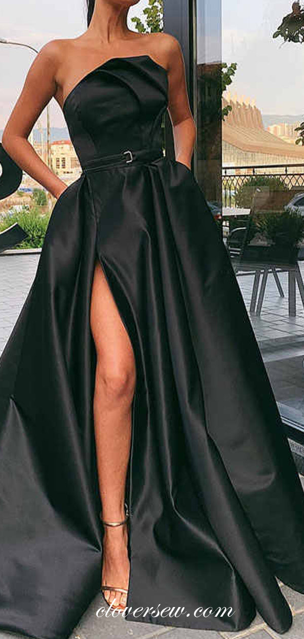 Black Satin Fashion Pleat Strapless A-line With Side Slit Prom Gown, CP0645