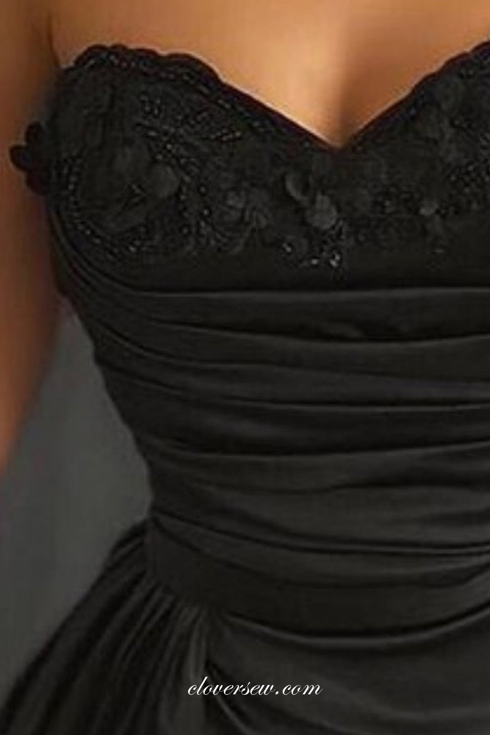 Black Satin Lace Strapless Sexy High Slit Charming Evening Dresses, CP1007
