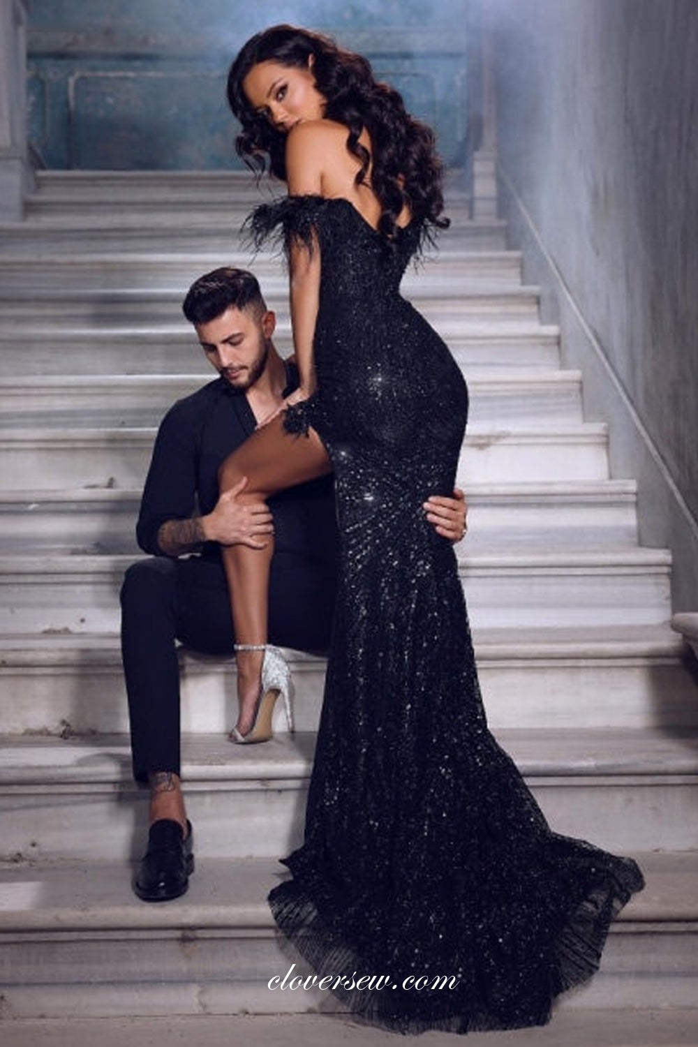 Black Sequined Tulle With Feather Off The Shoulder Sheath With High Slit Evening Dresses, CP1003