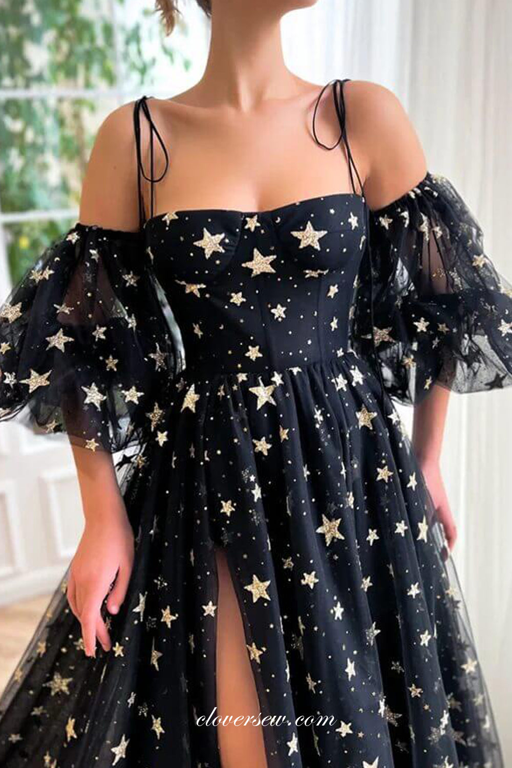 Black Star Glitter Tulle Off The Shoulder A-line With Side Slit Prom Dresses, CP0933