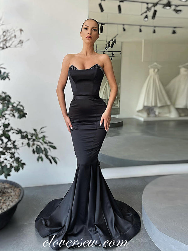 Black Strapless Beading Neckline Mermaid Formal Prom Dresses, CP0956