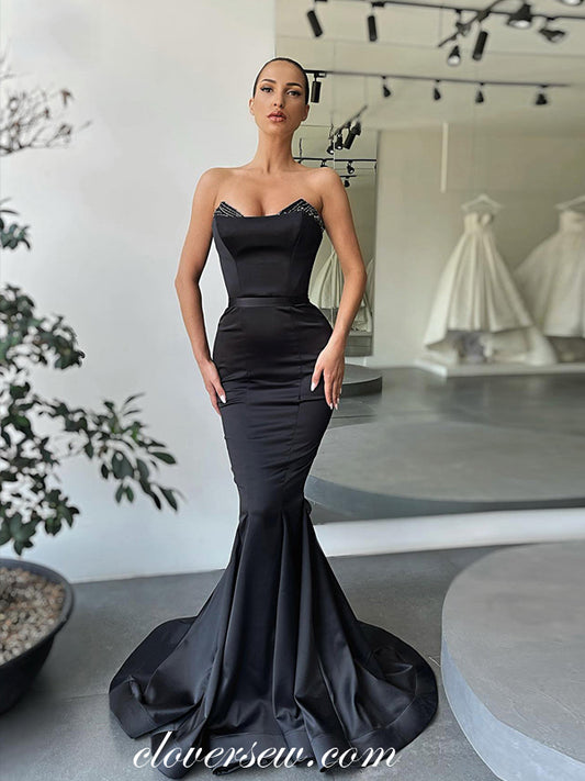 Black Strapless Beading Neckline Mermaid Formal Prom Dresses, CP0956