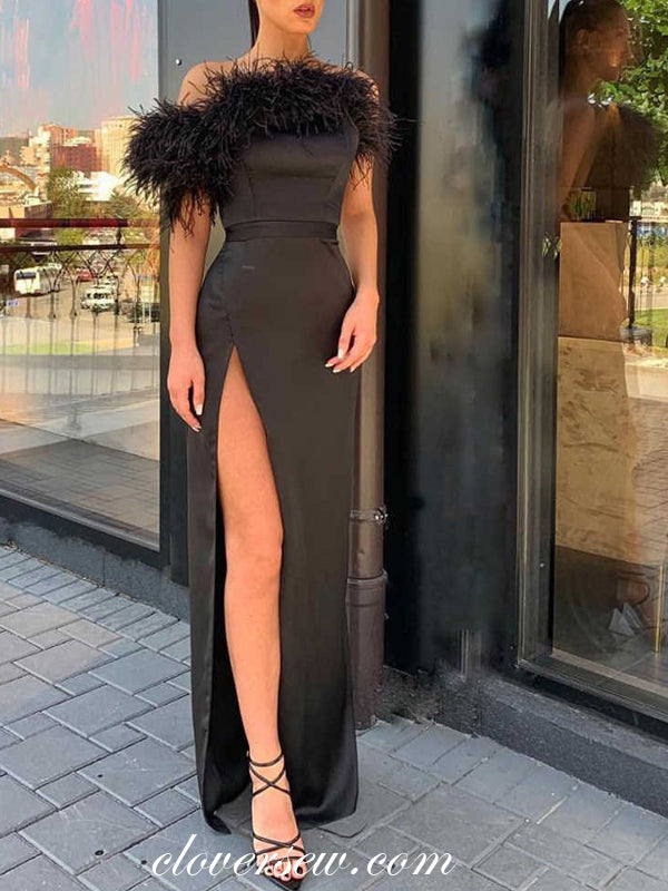 Black Strapless With Feather High Slit Charming Evening Dresses,CP0640