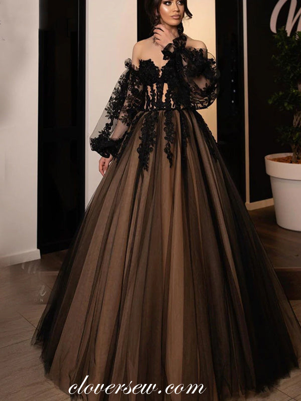 Black Lace Applique Long Sleeves Off The Shoulder Prom Dresses,CP0419