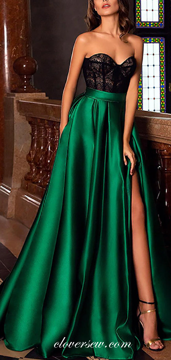 Black Lace Green Satin Strapless Side Slit A-line Prom Dresses,CP0420