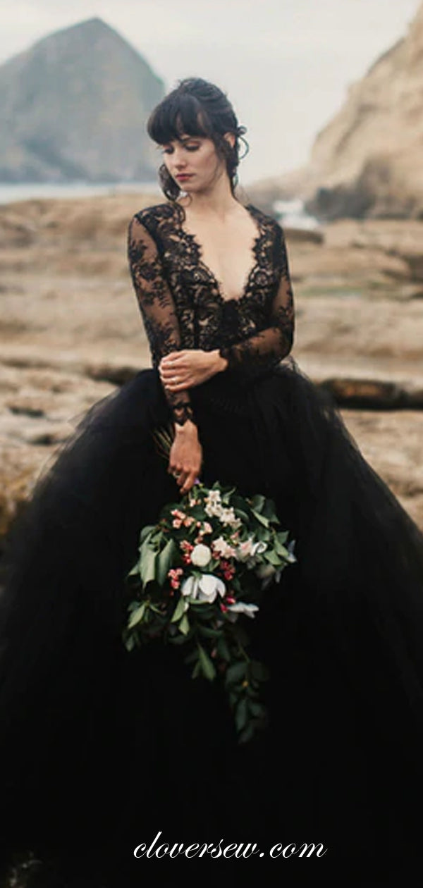 Black Lace Long Sleeves Tulle Ball Gown Wedding Dresses ,CW0097
