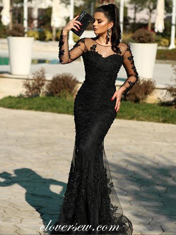 Black Lace See Through Long Sleeves Mermaid Formal Dresses, CP0033