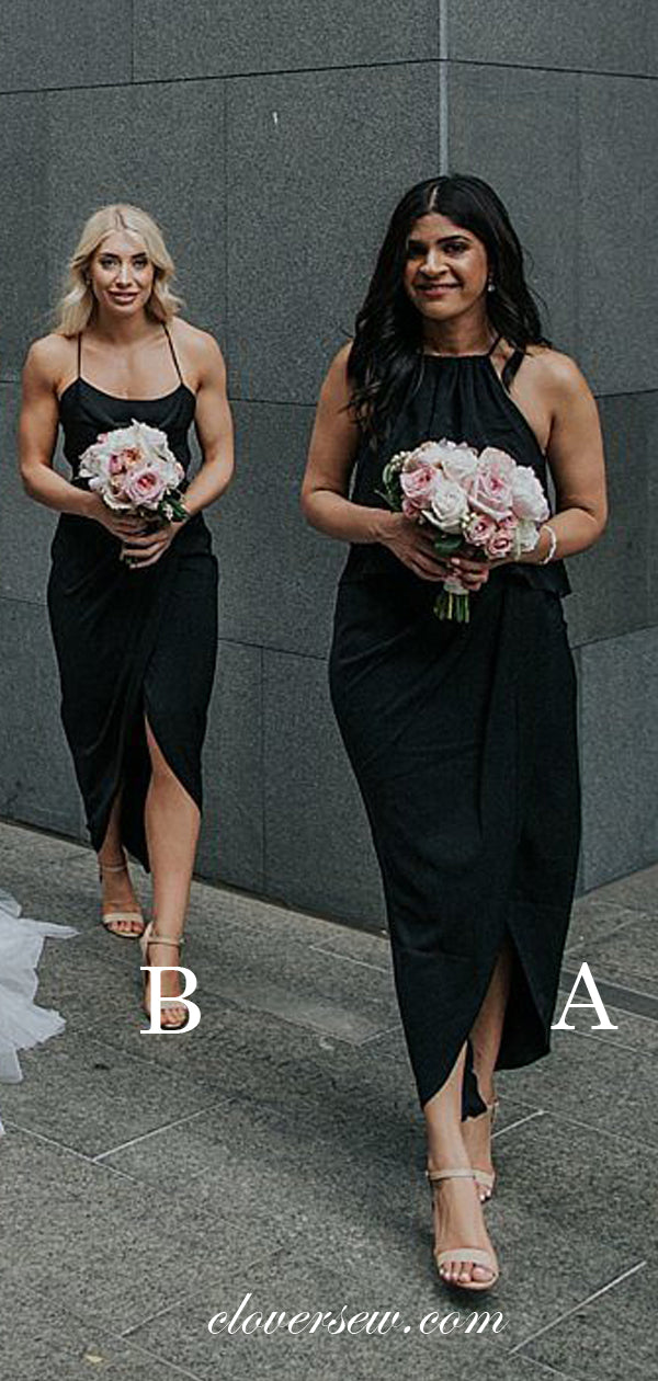 Black Mismatched Spaghetti Strap Sheath Ankle Length Bridesmaid Dresses, CB0017
