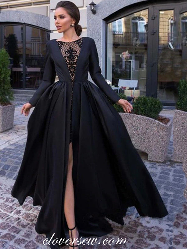 Black Satin Lace Long Sleeves Side Slit Formal Dresses, CP0482