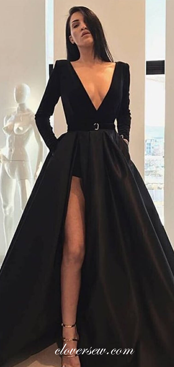 Black Satin Long Sleeves V-neck A-line Prom Dresses ,CP0289