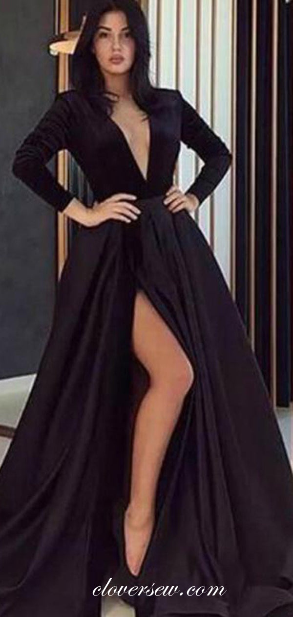 Black Satin Long Sleeves V-neck A-line Prom Dresses ,CP0289