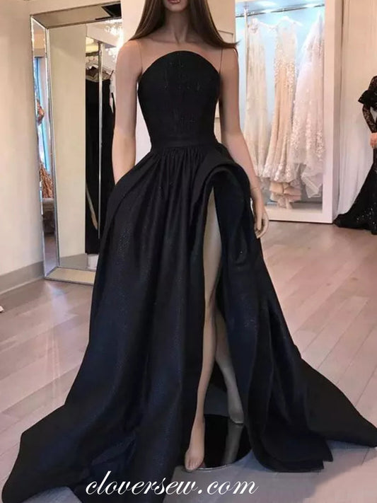 Black Satin Strapless Unique High Slit Prom Dresses, CP0031