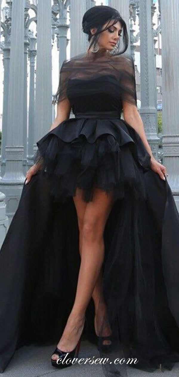 Black Satin Tulle Off The Shoulder A-line High Low Prom Dresses, CP0101