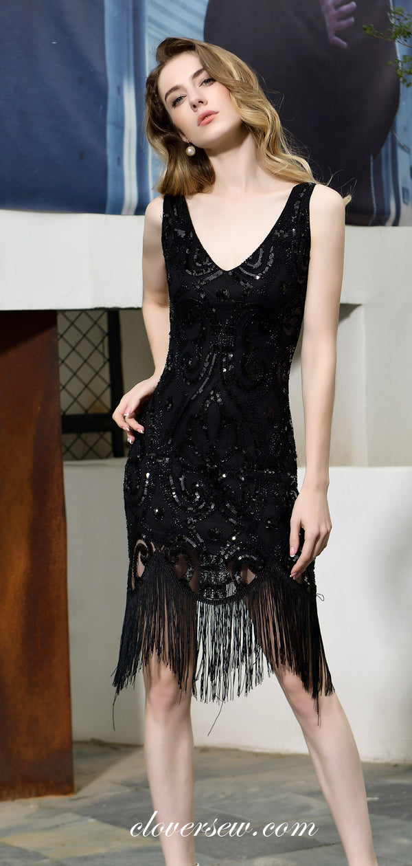 Black Sequin Applique With Tassels Sheath Homecoming Dresses, CH0001