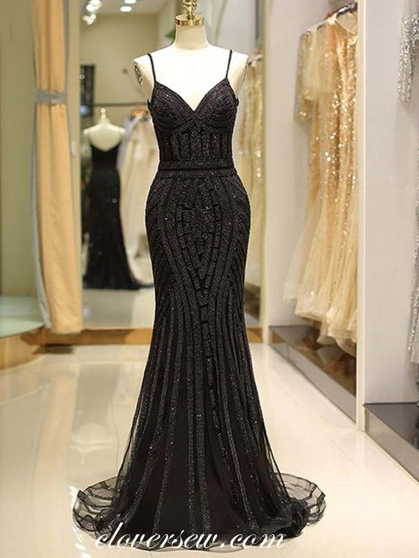 Black Sequin Spaghetti Strap Mermaid Formal Dresses, CP0087
