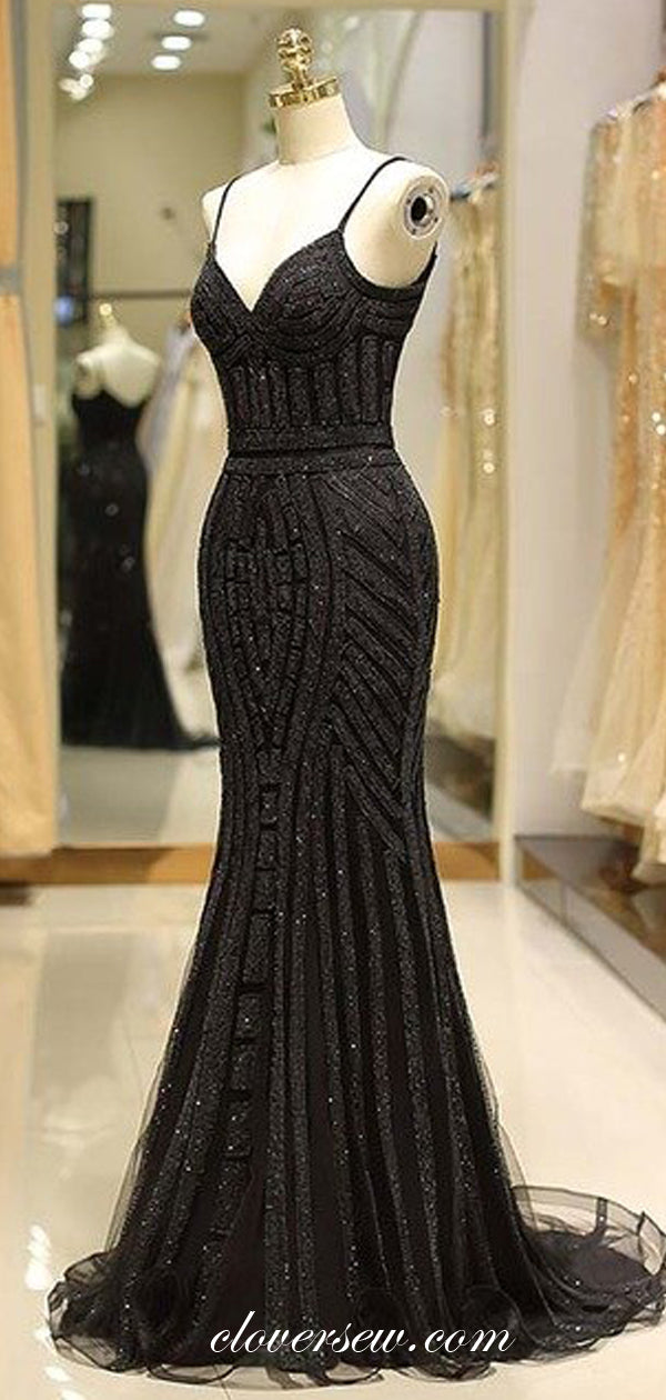 Black Sequin Spaghetti Strap Mermaid Formal Dresses, CP0087