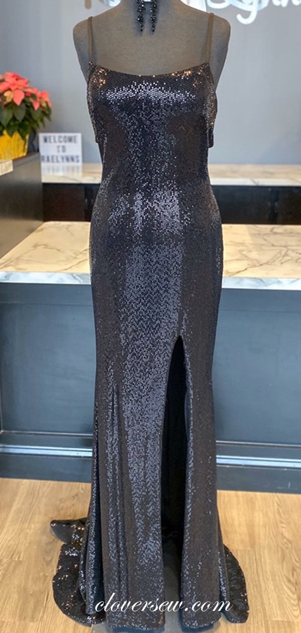 Black Sequin Spaghetti Strap Sheath Side Slit Prom Dresses ,CP0351