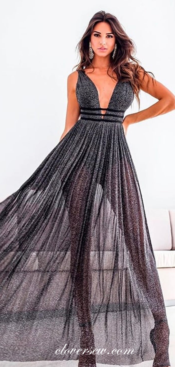 Black Sequin Tulle Sleeveless A-line Long Prom Dresses ,CP0326