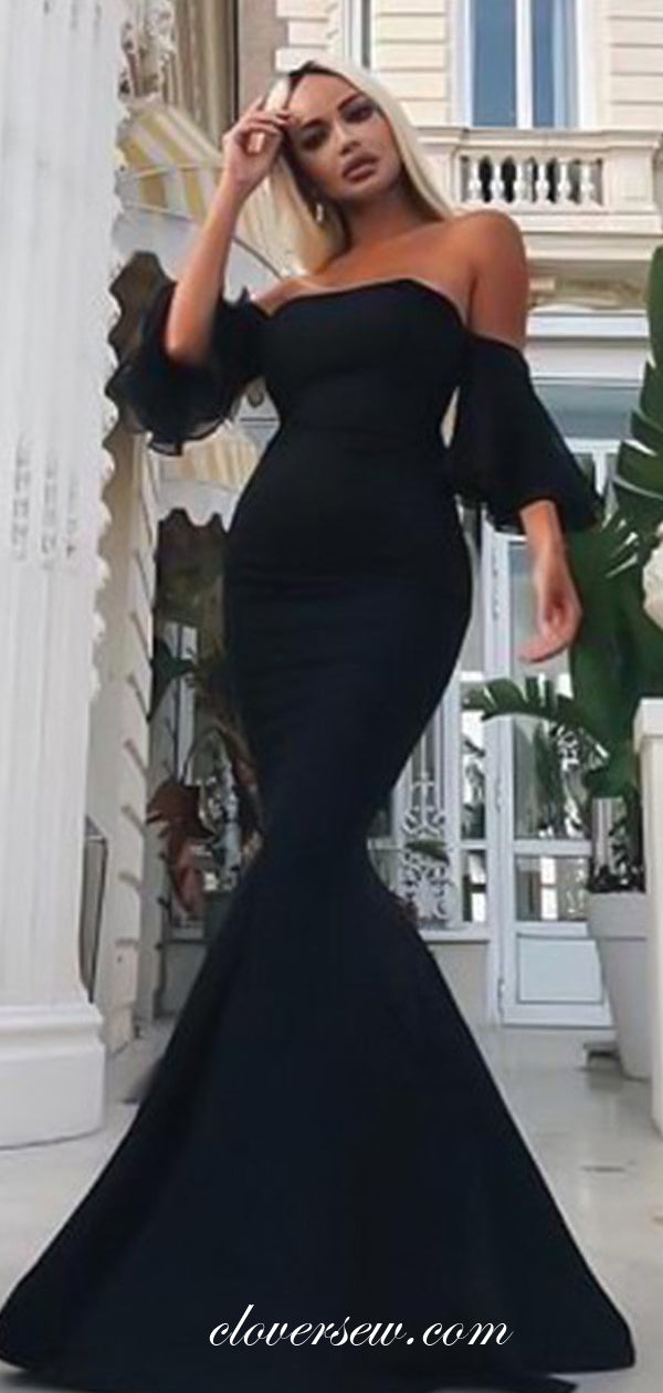 Black Strapless Detachable Sleeves Mermaid Prom Dresses, CP0115