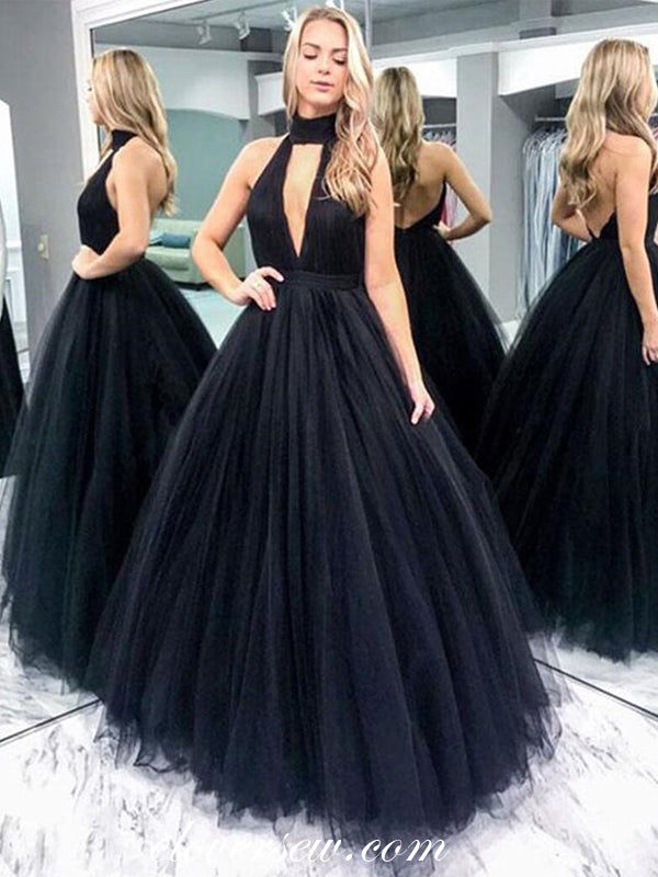 Black Tulle Halter Backless A-line Prom Dresses , CP0009