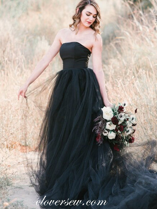 Black Tulle Strapless A-line With Train Wedding Dresses ,CW0096