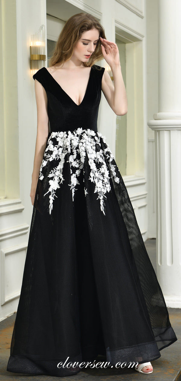 Black Velvet White Applique Tulle A-line Elegant Prom Dresses,CP0182