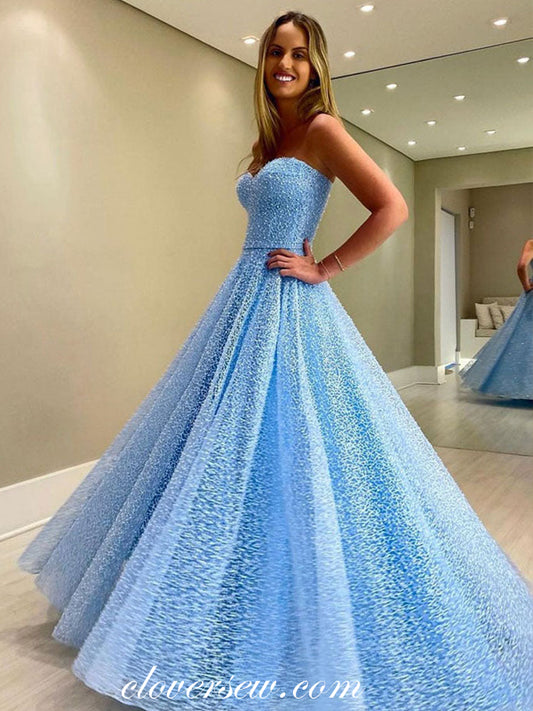 Blue Beaded Lace Sweetheart Strapless A-line Prom Dresses, CP0855