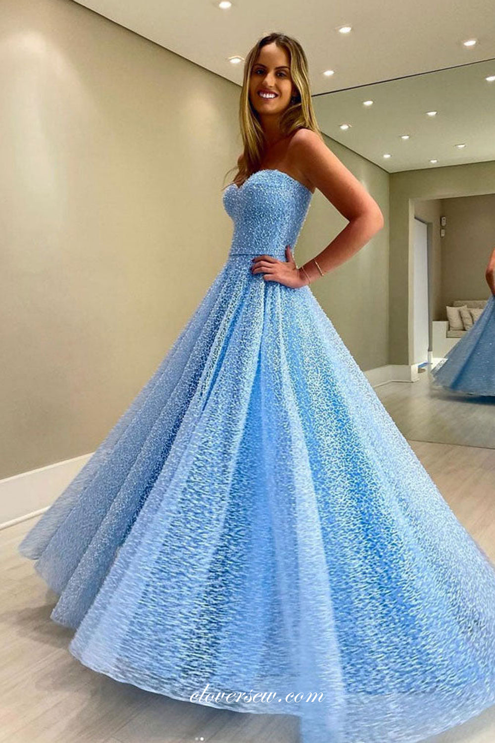Blue Beaded Lace Sweetheart Strapless A-line Prom Dresses, CP0855