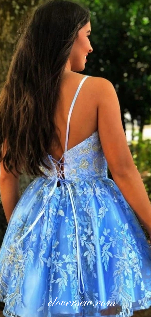 Blue Charming Lace Spagehtti Strap A-line Homecoming Dresses, CH0030