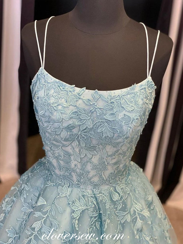 Blue Lace Applique Spaghetti Strap A-line Lace Up Back Prom Dresses, CP0583